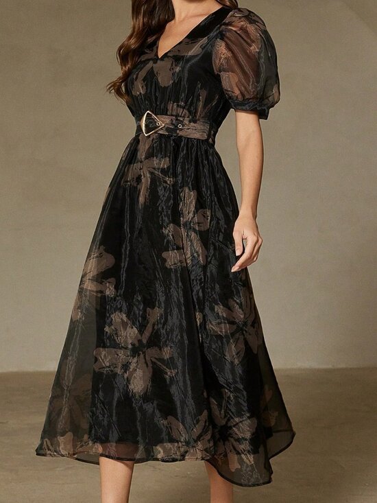 Multicolor Chic Women's Floral Print V-Neck Asymmetric Buckle Short Sleeve Dress - Picture 5 of 6